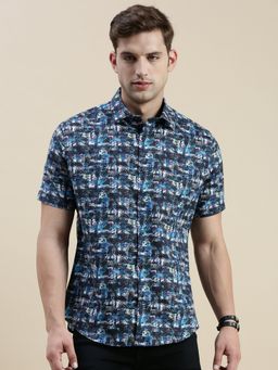SHOWOFF - Men Short Sleeves Spread Collar Multi-Color Abstract Printed Slim Fit Shirt