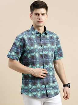 SHOWOFF - Men Short Sleeves Spread Collar Multi-Color Abstract Printed Slim Fit Shirt