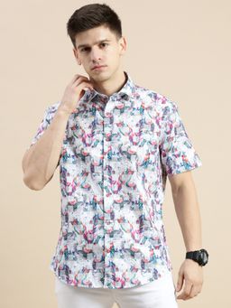 SHOWOFFFF - Men Short Sleeves Spread Collar Multi-Color Abstract Printed Slim Fit Shirt