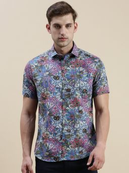 SHOWOFF - Men Short Sleeves Spread Collar Multi-Color Abstract Printed Slim Fit Shirt