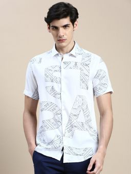 SHOWOFFFF - Men Short Sleeves Ethnic Motifs Spread Collar White Slim Fit Shirt