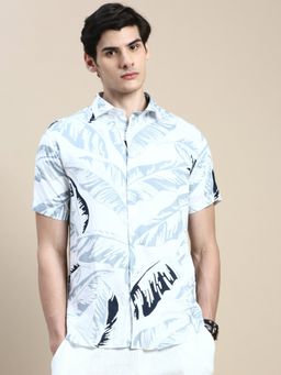 SHOWOFFFF - Men Short Sleeves Printed Spread Collar White Slim Fit Shirt