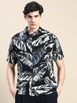 SHOWOFFFF - Men Short Sleeves Floral Spread Collar Black Slim Fit Shirt