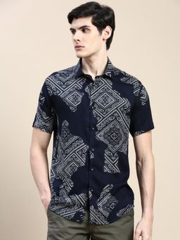 SHOWOFFFF - Men Short Sleeves Ethnic Motifs Spread Collar Navy Blue Slim Fit Shirt