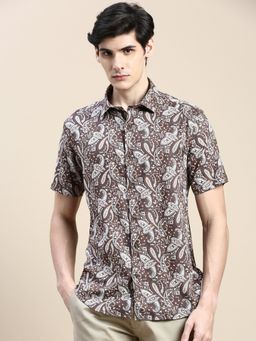 SHOWOFF - Men Short Sleeves Ethnic Motifs Spread Collar Coffee Brown Slim Fit Shirt