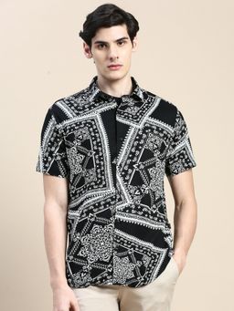 SHOWOFFFF - Men Short Sleeves Ethnic Motifs Spread Collar Black Slim Fit Shirt