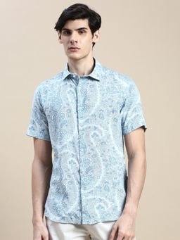SHOWOFF - Men Short Sleeves Floral Spread Collar Blue Slim Fit Shirt