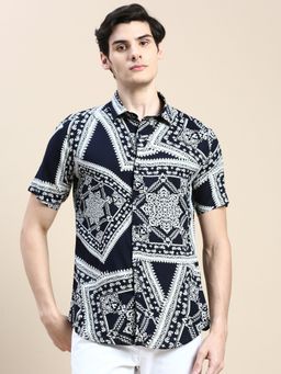 SHOWOFF - Men Short Sleeves Ethnic Motifs Spread Collar Navy Blue Slim Fit Shirt