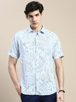 SHOWOFFFF - Men Short Sleeves Floral Spread Collar Blue Slim Fit Shirt