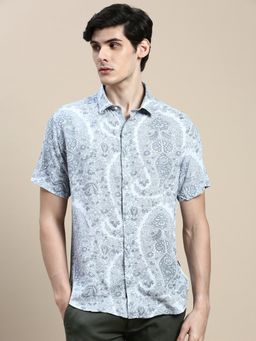SHOWOFFFF - Men Short Sleeves Floral Spread Collar Grey Slim Fit Shirt