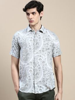 SHOWOFFFF - Men Short Sleeves Floral Spread Collar Cream Slim Fit White Shirt