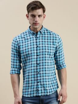 SHOWOFFFF - Men Long Sleeves Button Down Collar Blue Checked Slim Fit Shirt