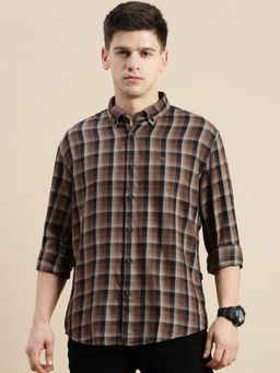 SHOWOFFFF - Men Long Sleeves Button Down Collar Brown Checked Slim Fit Shirt