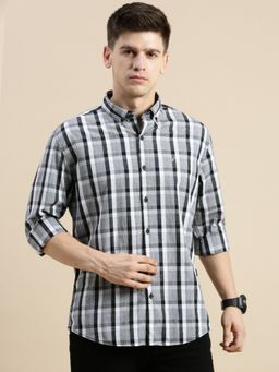 SHOWOFFFF - Men Long Sleeves Button Down Collar Grey Checked Slim Fit Shirt