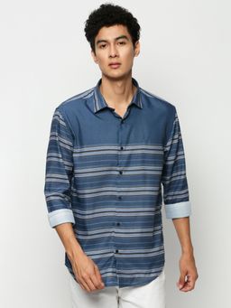 SHOWOFF - Men Long Sleeves Spread Collar Blue Horizontal Stripes Premium Shirt