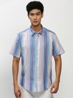 SHOWOFF - Men Short Sleeves Spread Collar Multi-Color Vertical Stripes Standard Shirt