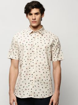 SHOWOFF - Men Short Sleeves Spread Collar Cream Conversational Standard Shirt