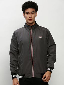 SHOWOFF - Men Solid Mock Collar Grey Bomber Jacket