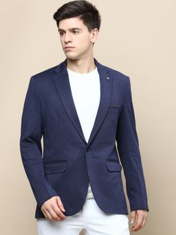 SHOWOFF - Men Notched Lapel Solid Navy Blue Single Breasted Blazer
