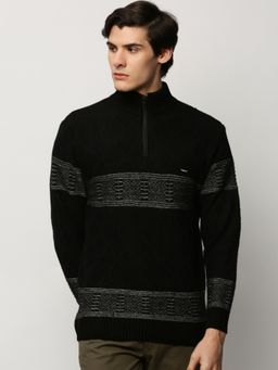 SHOWOFF - Men Mock Collar Ethnic Motifs Black Long Sleeves Sweater