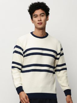 SHOWOFFFF - Men Round Neck Striped Off White Long Sleeves Pullover Sweater