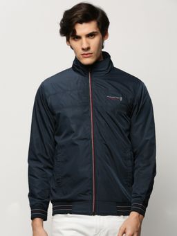 SHOWOFF - Men Solid Mock Collar Navy Blue Bomber Jacket