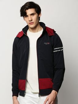SHOWOFFFF - Men Colorblocked Mock Collar Navy Blue Bomber Jacket