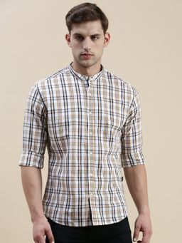 SHOWOFFFF - Men Long Sleeves Mandarin Collar White Checked Slim Fit Shirt