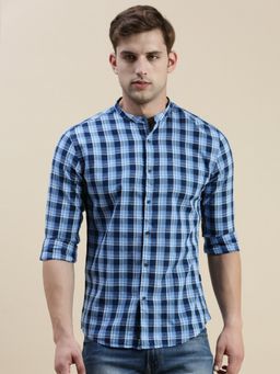 SHOWOFFFF - Men Long Sleeves Mandarin Collar Blue Checked Slim Fit Shirt