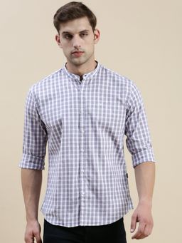SHOWOFF - Men Long Sleeves Mandarin Collar Lavender Checked Slim Fit Shirt