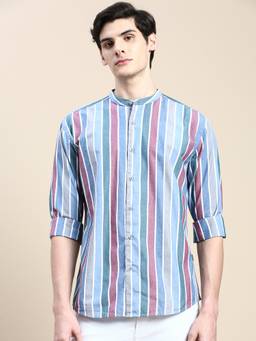 SHOWOFFFF - Men Long Sleeves Mandarin Collar Multi-Color Striped Slim Fit Shirt
