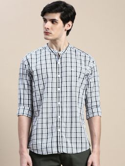 SHOWOFFFF - Men Long Sleeves Mandarin Collar White Checked Slim Fit Shirt
