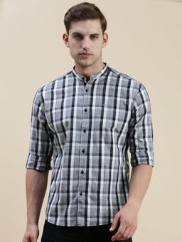 SHOWOFFFF - Men Long Sleeves Mandarin Collar Grey Checked Slim Fit Shirt