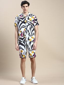 SHOWOFF - Men Shirt Collar Floral Printed White Slim Fit Co-Ord (Set of 2)