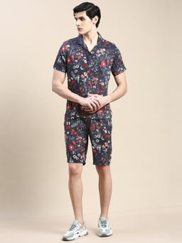 SHOWOFF - Men Shirt Collar Floral Printed Black Slim Fit Co-Ord (Set of 2)