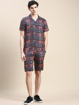 SHOWOFF - Men Shirt Collar Printed Multi-Color Slim Fit Co-Ord (Set of 2)