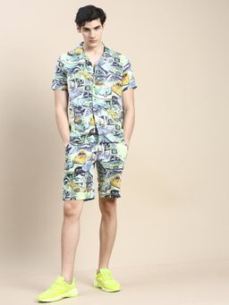 SHOWOFF - Men Shirt Collar Printed Multi-Color Slim Fit Co-Ord (Set of 2)