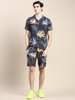 SHOWOFF - Men Shirt Collar Floral Printed Black Slim Fit Co-Ord (Set of 2)