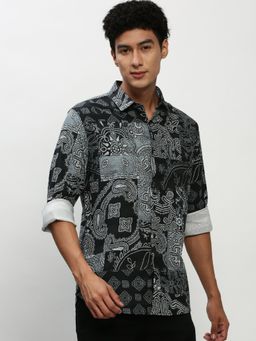SHOWOFF - Men Long Sleeves Spread Collar Black Ethnic Motifs Smart Shirt