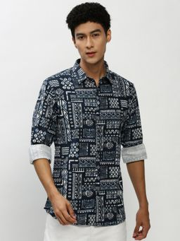 SHOWOFF - Men Long Sleeves Spread Collar Navy Blue Abstract Smart Shirt