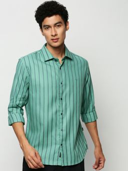 SHOWOFFFF - Men Long Sleeves Spread Collar Sea Green Vertical Stripes Premium Shirt