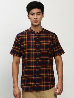 SHOWOFF - Men Short Sleeves Mandarin Collar Navy Blue Tartan Checks Standard Shirt