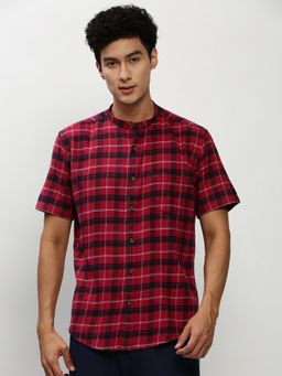 SHOWOFFFF - Men Short Sleeves Mandarin Collar Red Tartan Checks Standard Shirt