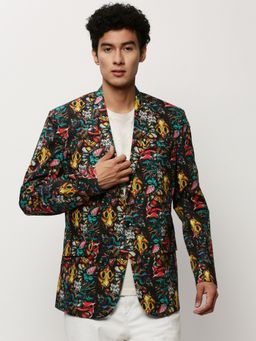 SHOWOFF - Men Notched Lapel Printed Black Single Breasted Blazer