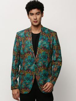 SHOWOFF - Men Notched Lapel Printed Turquoise Blue Single Breasted Blazer
