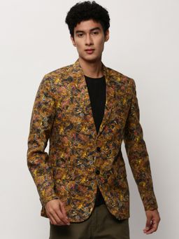 SHOWOFFFF - Men Notched Lapel Printed Mustard Single Breasted Blazer