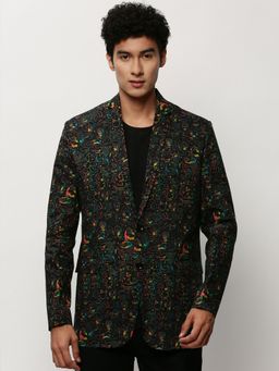 SHOWOFF - Men Notched Lapel Printed Black Single Breasted Blazer