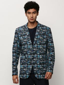 SHOWOFF - Men Notched Lapel Printed Blue Single Breasted Blazer