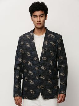SHOWOFF - Men Notched Lapel Printed Black Single Breasted Blazer