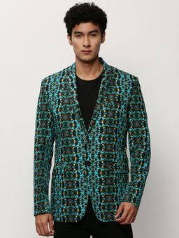 SHOWOFF - Men Notched Lapel Printed Turquoise Blue Single Breasted Blazer